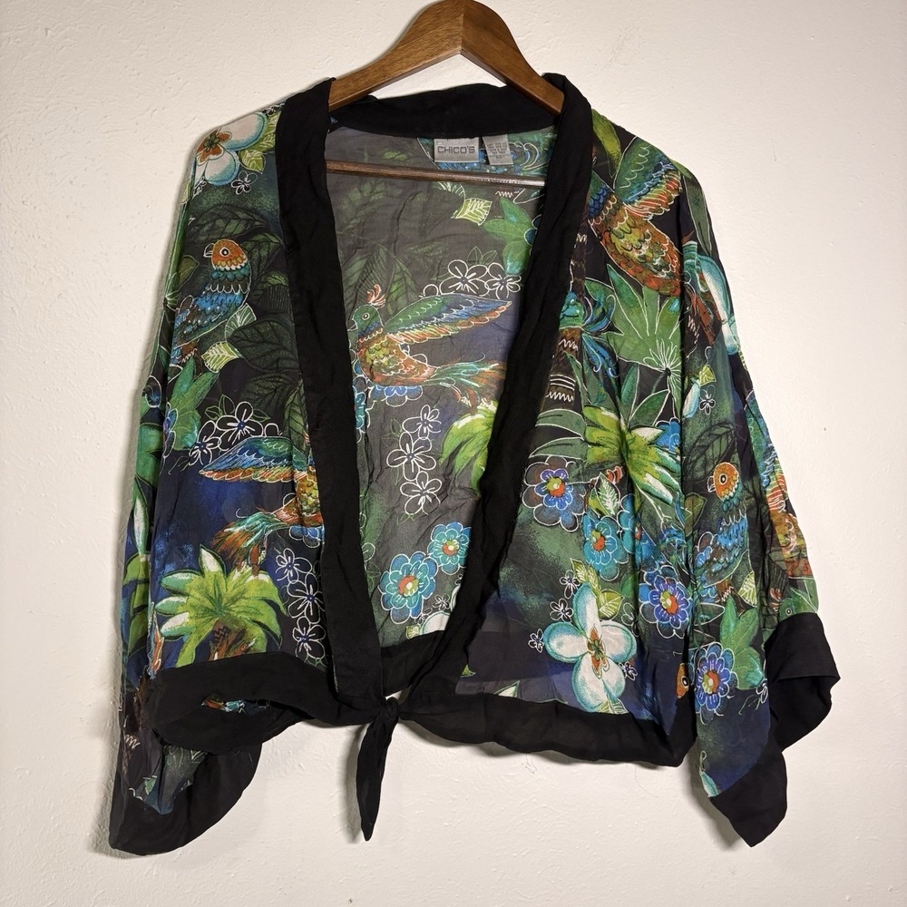 Chico's 100% Silk Floral Open Front Cardigan Size 1 Tie Tropical Botanical Birds
